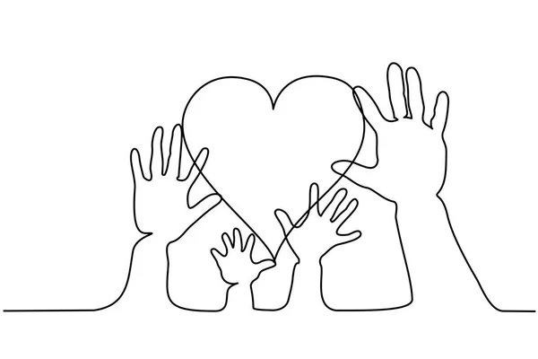 Abstracto familia manos sosteniendo corazones una línea — Vector de stock