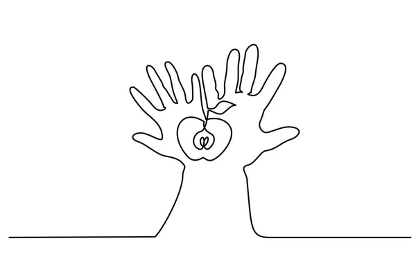 Αφηρημένη χέρια που κρατούν μήλο συνεχή μία γραμμή — Διανυσματικό Αρχείο
