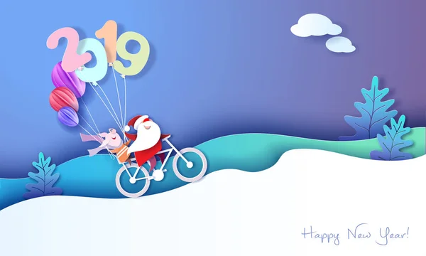 サンタとエルフ 2019年新年あけましておめでとうございますデザイン カード — ストックベクタ