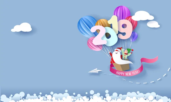 2019 Happy New Year design card cu Moș Crăciun și elf — Vector de stoc