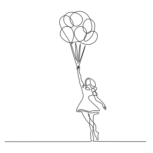 Chica volando con globo Continuo una línea — Archivo Imágenes Vectoriales