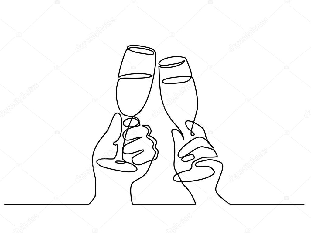 Continuous one line drawing. Hands cheering with glasses of champagne. Vector illustration