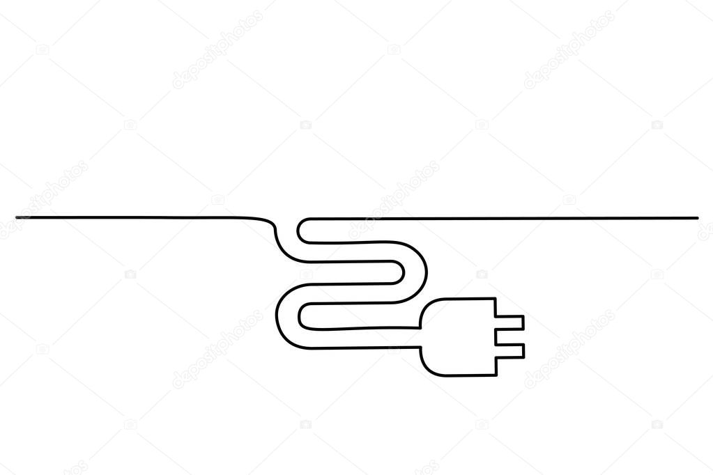 Continuous one line drawing. Electrical plug icon on white background. Vector illustration for banner, web, design element, template, postcard.