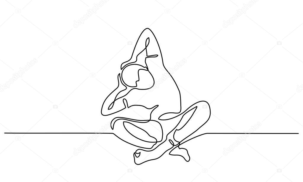 Continuous one line drawing. Man sit and tilt to the side. Vector illustration for banner, web, design element, template, postcard.