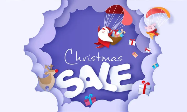 2019 Новогодний Рекламный Дизайн Санта Клаус Смешная Свинья Летают Парашютом — стоковый вектор