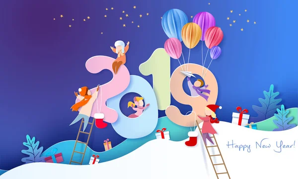 2019 Feliz Año Nuevo tarjeta de diseño con niños — Vector de stock