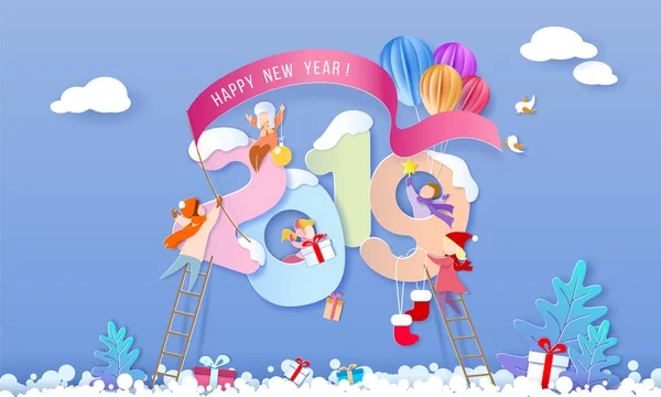 2019 Feliz Año Nuevo tarjeta de diseño con niños — Vector de stock