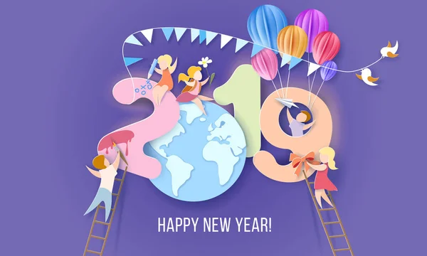 2019 happy New Year design kaart met kinderen — Stockvector