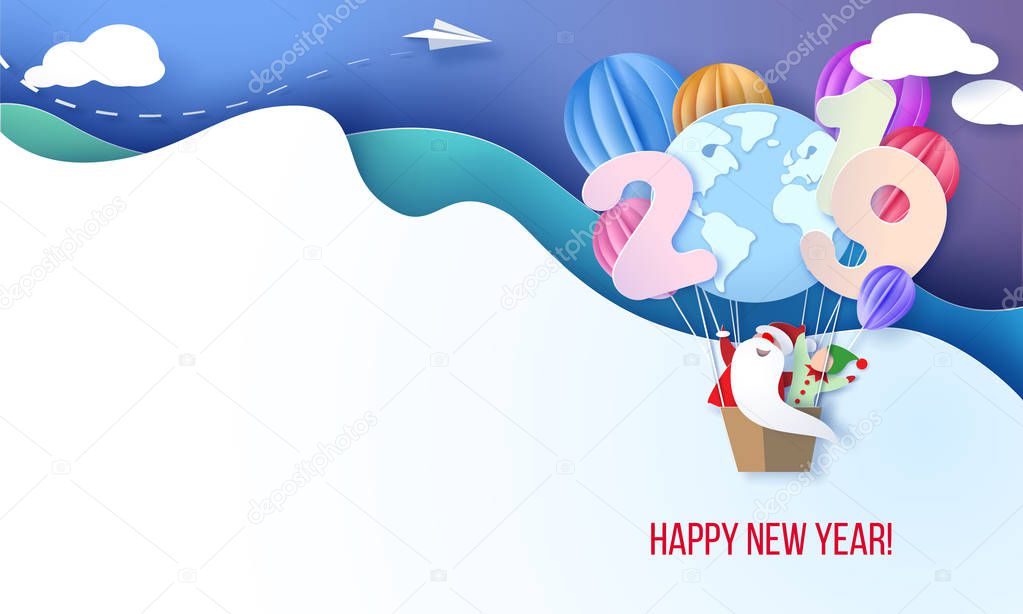 2019 Happy New Year design card with Santa and elf