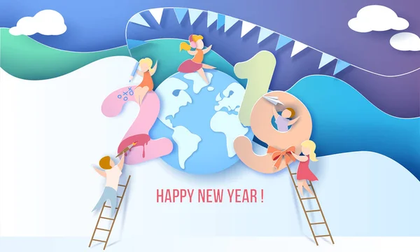 2019 Feliz Año Nuevo tarjeta de diseño con niños — Archivo Imágenes Vectoriales