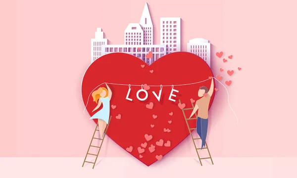 情人节卡片与夫妇在爱的心脏 — 图库矢量图片