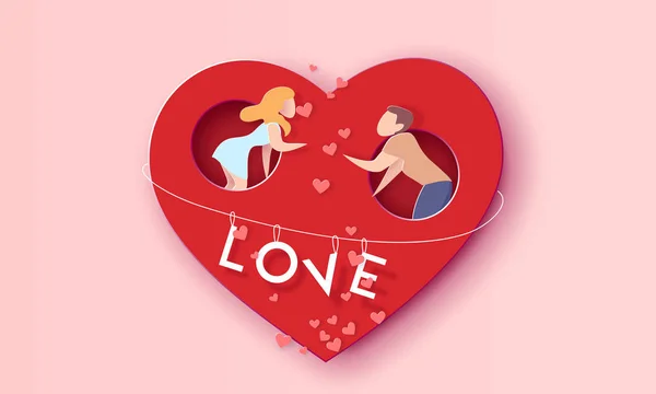 Valentines Day Card Couple Holes Word Love Red Heart Vector — Stock vektor