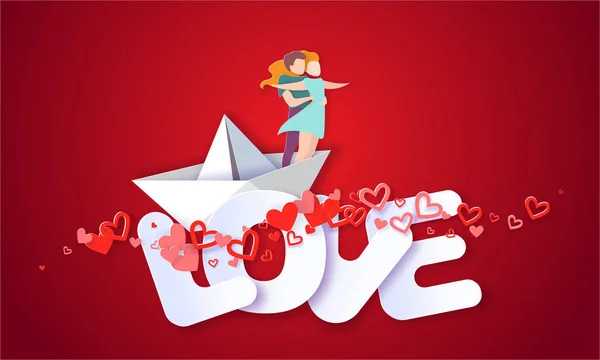 Cartão de dia dos namorados com casal no coração do amor — Vetor de Stock