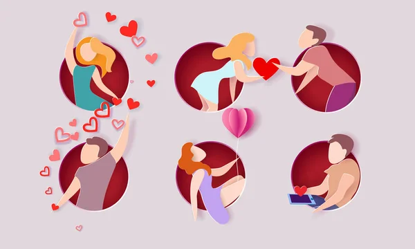 Valentines day card with men and women in love — Stock Vector