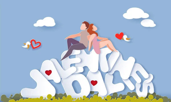 Cartão de dia dos namorados com casal no coração do amor —  Vetores de Stock