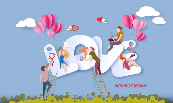 Tarjeta de San Valentín con corazón de pareja enamorada — Vector de stock