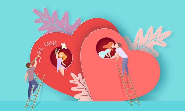Valentýna karty s pár v lásce srdce — Stockový vektor