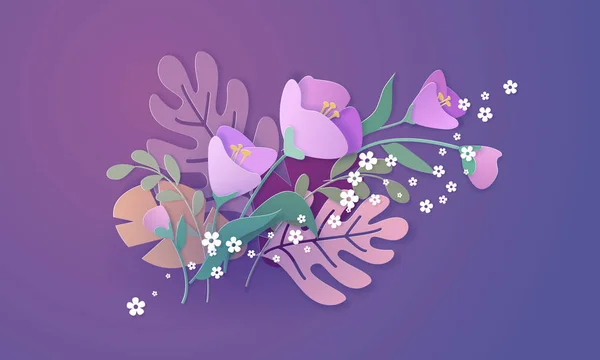 Papier knippen 3d bloemen banner in paarse kleuren — Stockvector