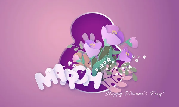 Joyeux jour des femmes 8 Mars carte style de coupe de papier . — Image vectorielle