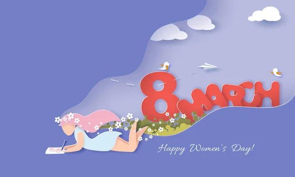 Happy Women Day carte de vacances style de coupe de papier — Image vectorielle