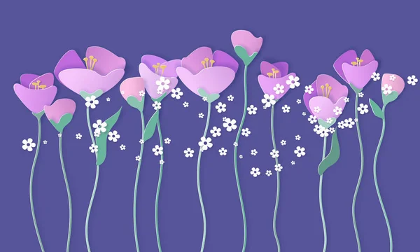 Banner de flores 3d de corte de papel en colores púrpura — Vector de stock