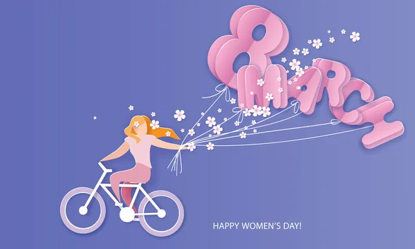 Feliz 8 Marzo para mujer tarjeta de corte de papel día — Vector de stock