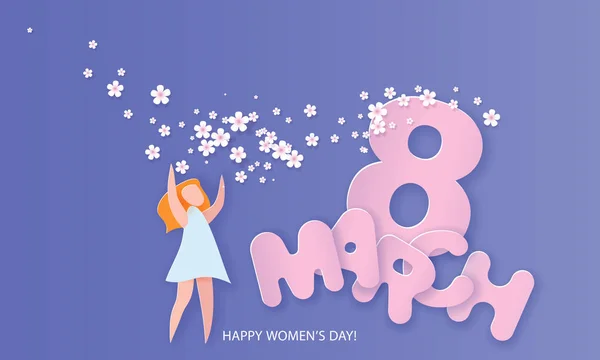Gelukkig 8 maart womens dag papier knippen kaart — Stockvector