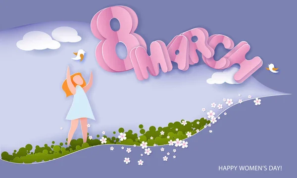 Gelukkig 8 maart womens dag papier knippen kaart — Stockvector
