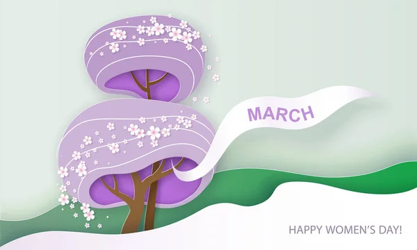 Ευτυχισμένος womens 8 Μαρτίου ημέρα χαρτί κομμένα κάρτα — Διανυσματικό Αρχείο