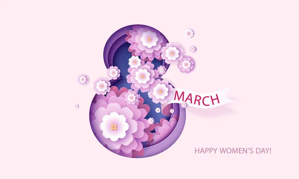 Κάρτα 8 Μαρτίου ημέρα ευτυχισμένη γυναικών σε αποχρώσεις του μωβ — Διανυσματικό Αρχείο