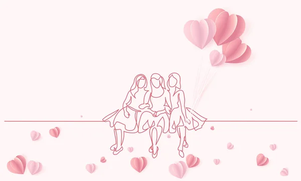 Amigos meninas sentadas juntas um desenho de linha —  Vetores de Stock