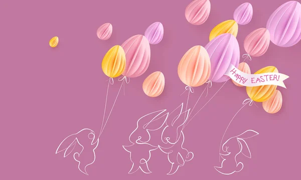 Feliz cartão de Páscoa. Coelho bonito com balões de ar —  Vetores de Stock