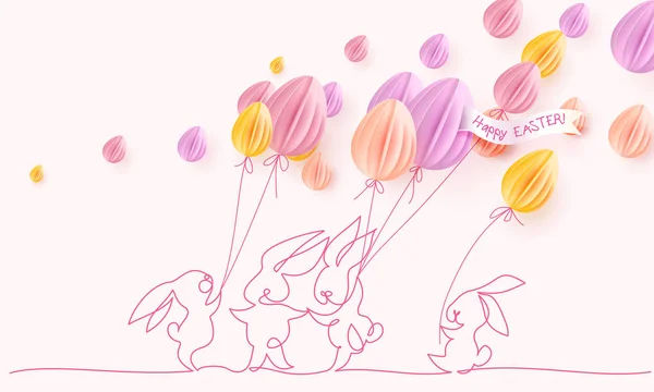 Paaskaart gelukkig. Schattig konijn met lucht ballonnen — Stockvector