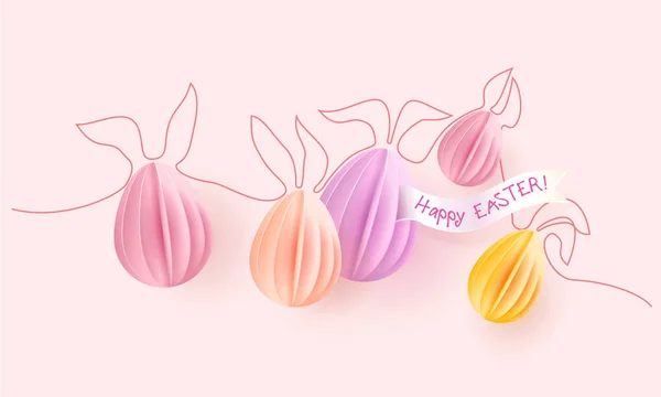 Ovos de papel cartão de Páscoa feliz com orelhas de coelho — Vetor de Stock