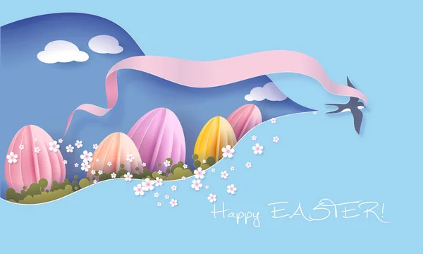 Happy Easter Spring illustration. Paper cut 3d — Stock Vector