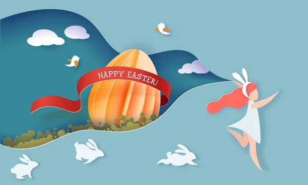 Joyeux Pâques. Fille avec des oreilles de lapin et panier — Image vectorielle