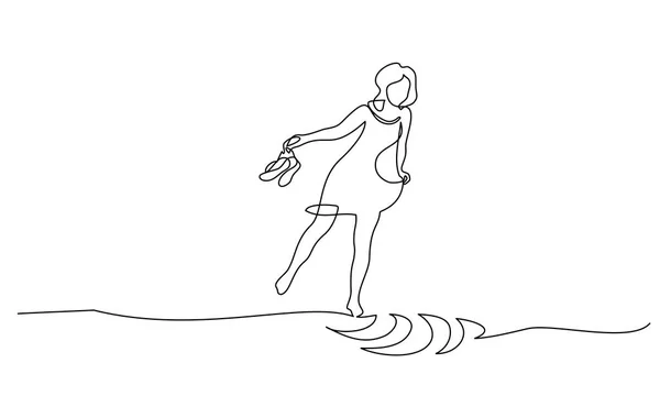 Donna che cammina sull'acqua con le scarpe in mano — Vettoriale Stock