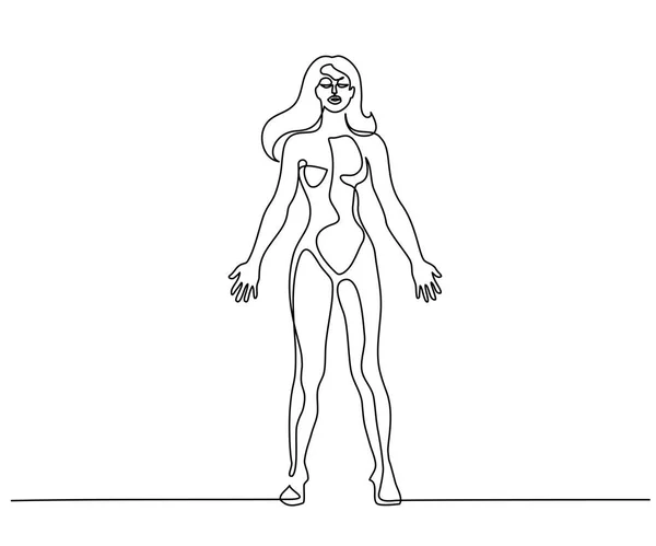 Femme debout en position anatomique Ligne continue — Image vectorielle