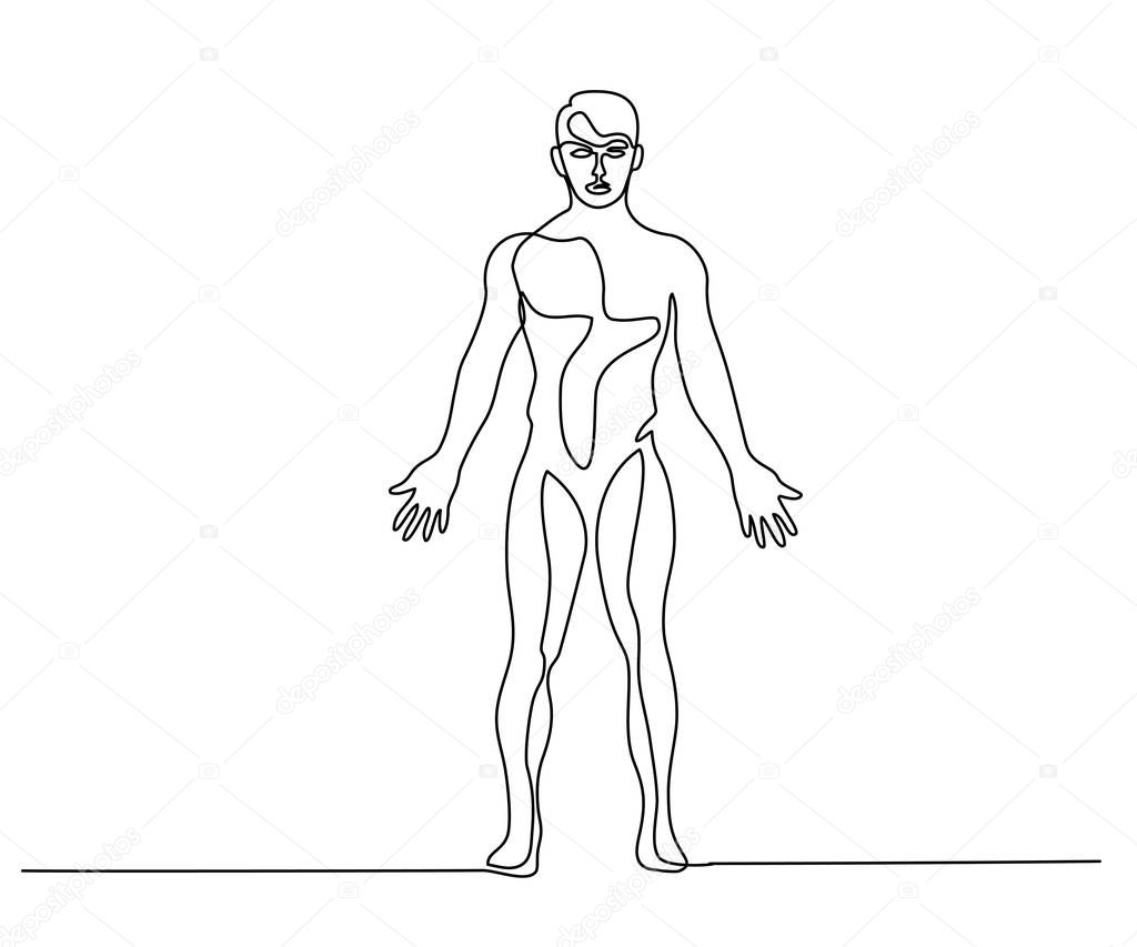 Continuous one line drawing. Man standing in anatomical position. Vector illustration