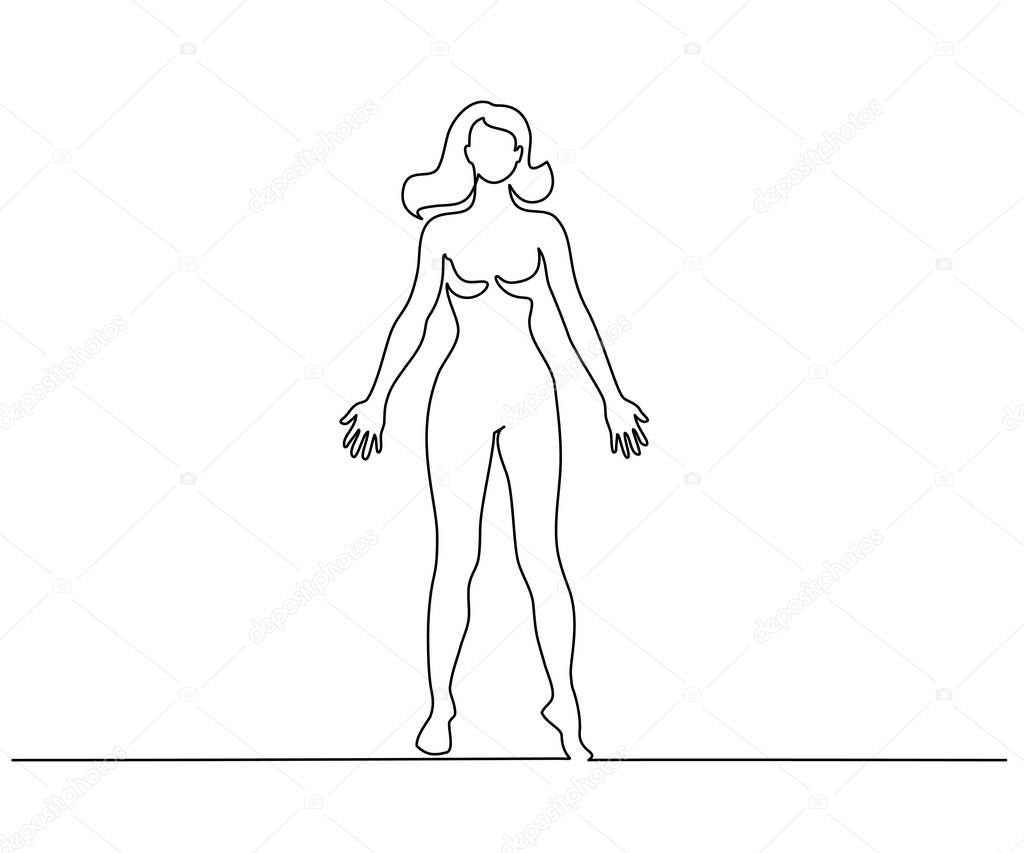Continuous one line drawing. Woman standing in anatomical position. Vector illustration
