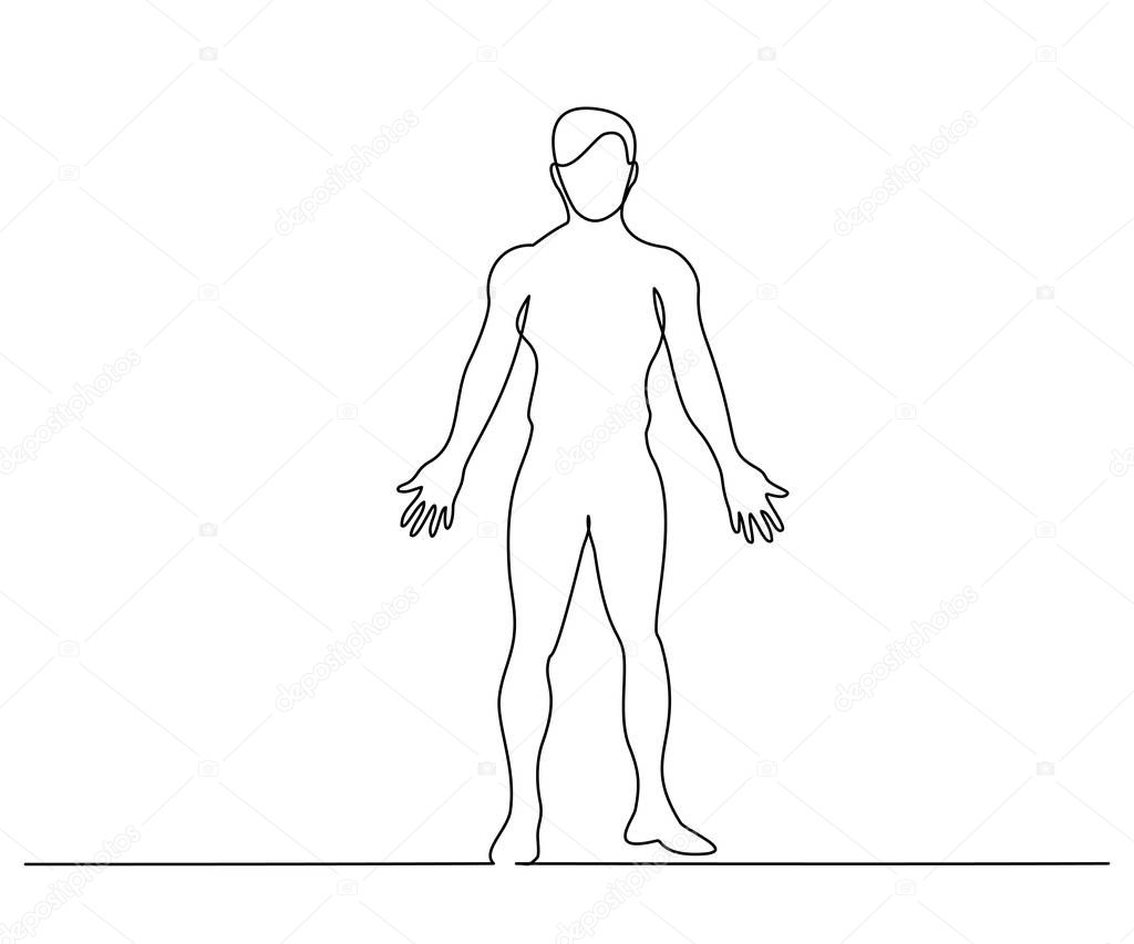 Continuous one line drawing. Man standing in anatomical position. Vector illustration