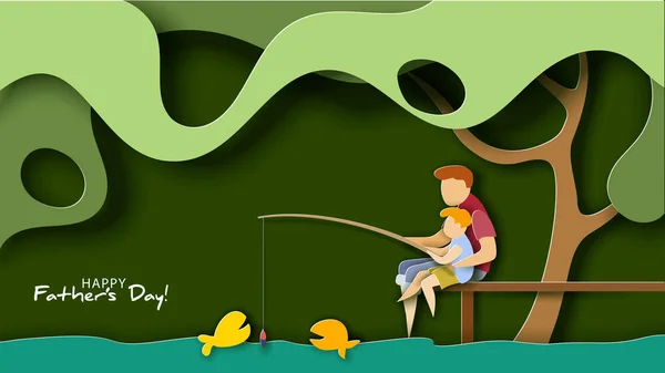 Pescando pai e filho. Cartão de dia do pai feliz — Vetor de Stock