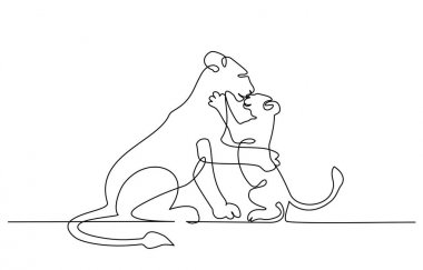 Young lioness with lion cub one line drawing clipart