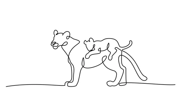 Young lioness with lion cub one line drawing — Stok Vektör