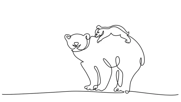 Orso polare con cucciolo di bambino una linea di disegno — Vettoriale Stock