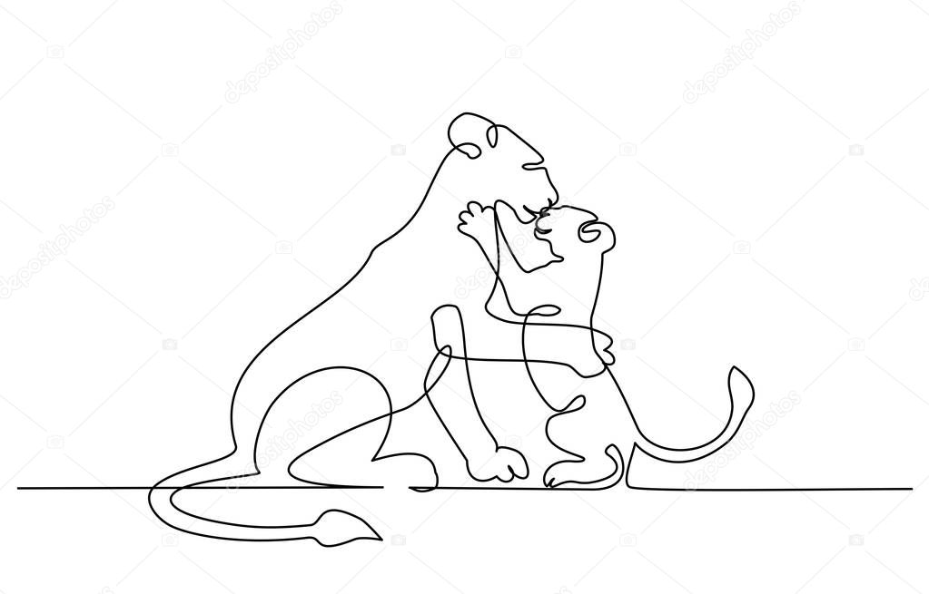 Continuous one line drawing. Young lioness with lion cub. Vector illustration