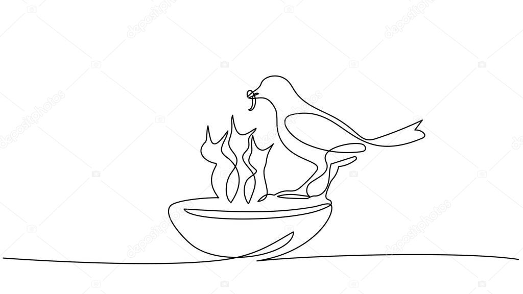 bird feeds chicks silhouettes one line drawing