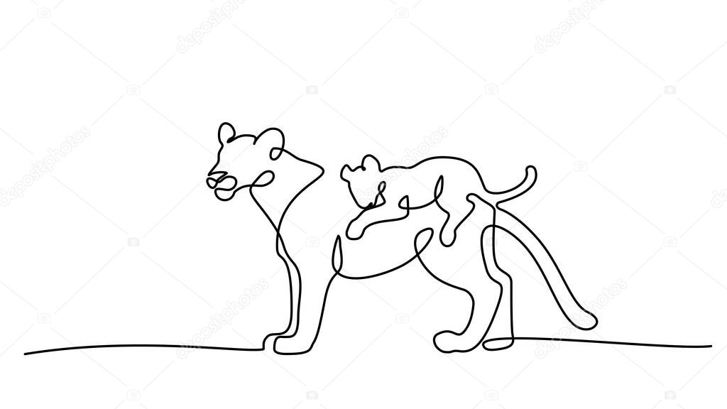 Continuous one line drawing. Young lioness with lion cub. Vector illustration