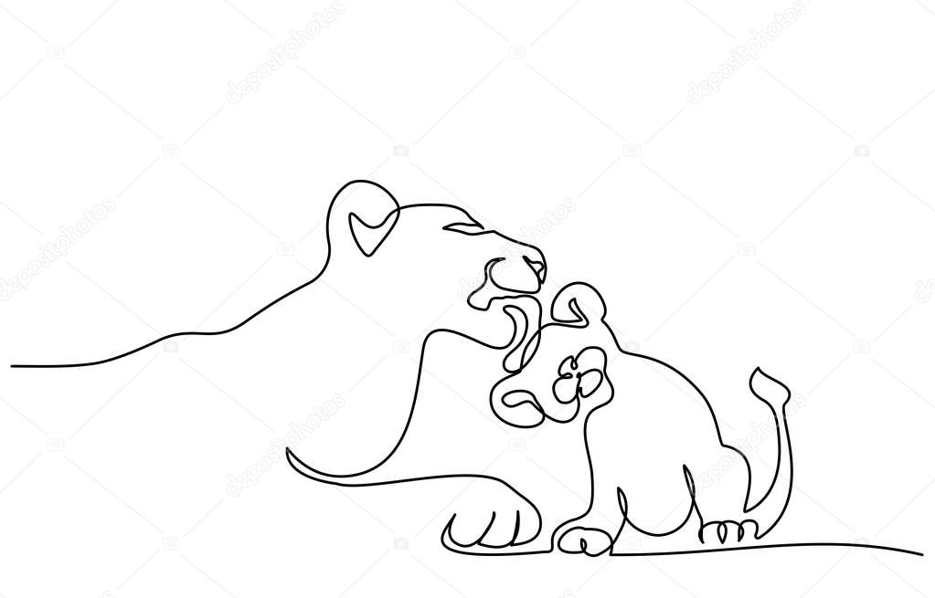 Continuous one line drawing. Young lioness with lion cub. Vector illustration