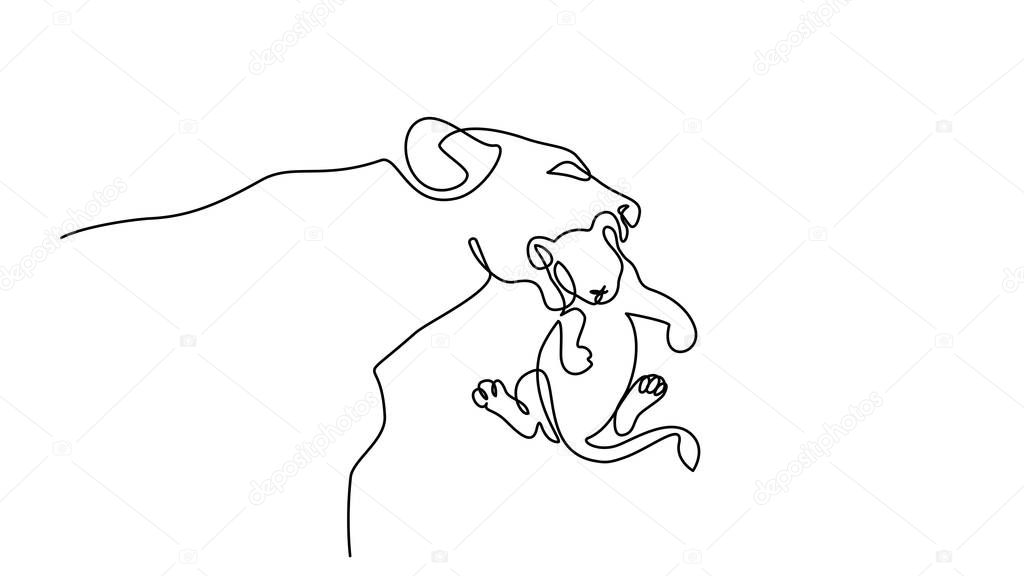 Continuous one line drawing. Young lioness with lion cub. Vector illustration